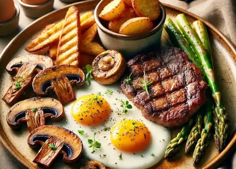 DALL·E 2025 01 16 09.10.14 A beautifully plated breakfast featuring a tender flame grilled picanha steak with a crispy fat cap paired with two sunny side up eggs sauteed mush