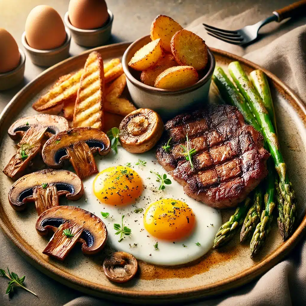 DALL·E 2025 01 16 09.10.14 A beautifully plated breakfast featuring a tender flame grilled picanha steak with a crispy fat cap paired with two sunny side up eggs sauteed mush